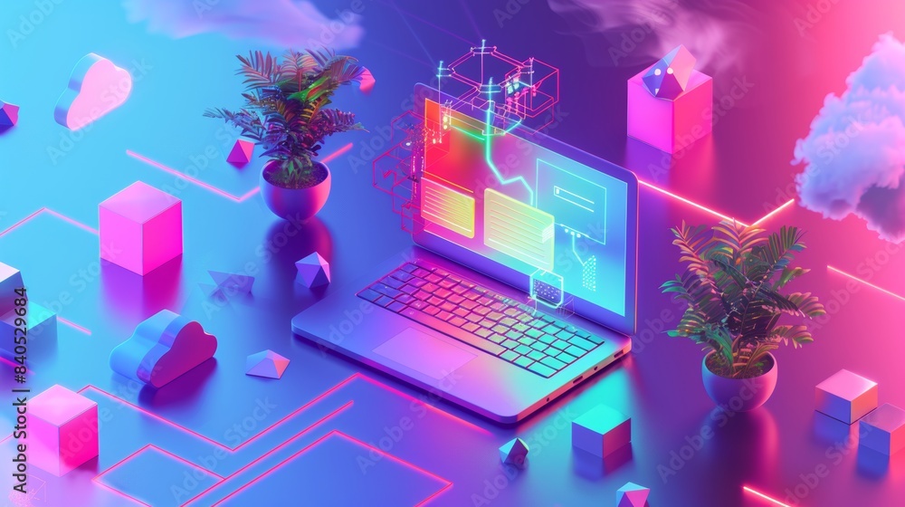 Poster technology concept. network of laptop, phone, tablet on desk. programming in image of futuristic gla