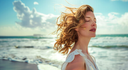 Naklejka premium A woman with short, wavy blonde hair stands on a sunny beach with her eyes closed, enjoying the ocean breeze