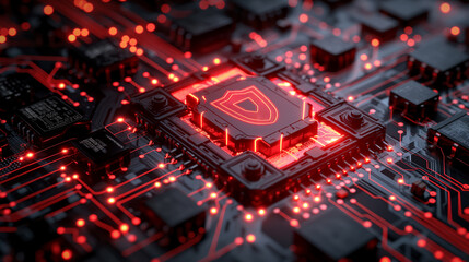 Fototapeta premium A computer chip with a red shield on it