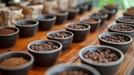 Close-up view of numerous small bowls filled with roasted coffee beans, arranged in a line on a wooden table, highlighting the process of cupping to evaluate flavor profiles