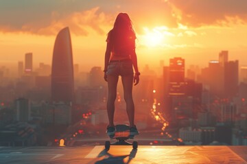 A stylish depiction of an Asian girl cruising on her skateboard against the backdrop of a modern city skyline, with the sunset casting a warm glow over the scene, embodying the carefree and