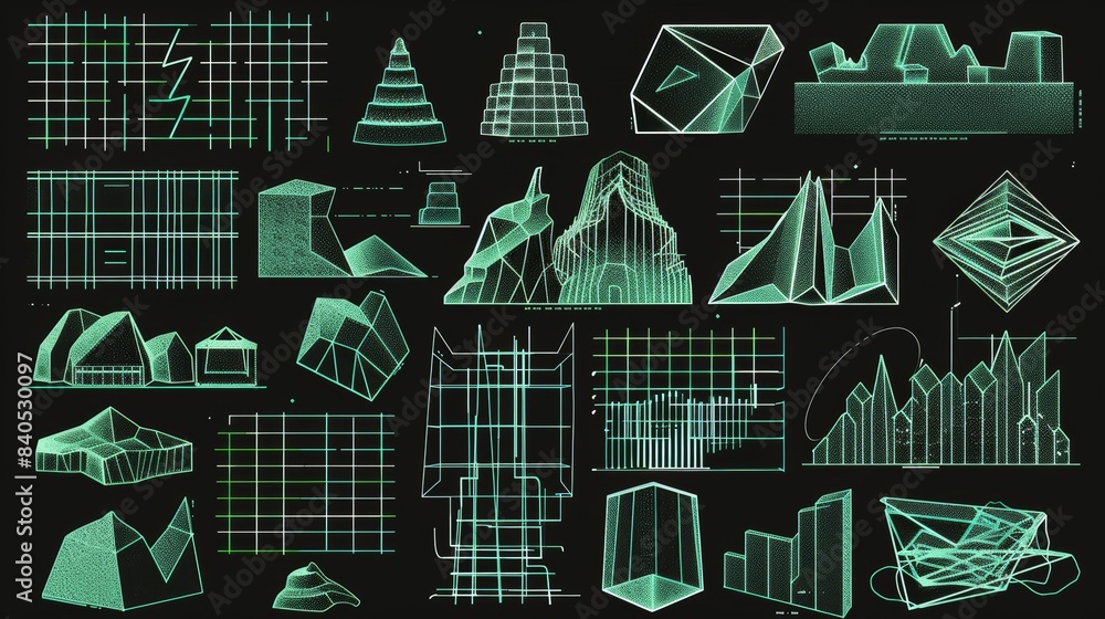 Poster set of 3d retro futuristic figures, shapes, spheres, and abstract elements. set of cyberpunk shapes 