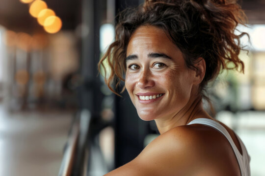 A With Curly Brown Hair Woman Smiling At The Camera While Indoors.