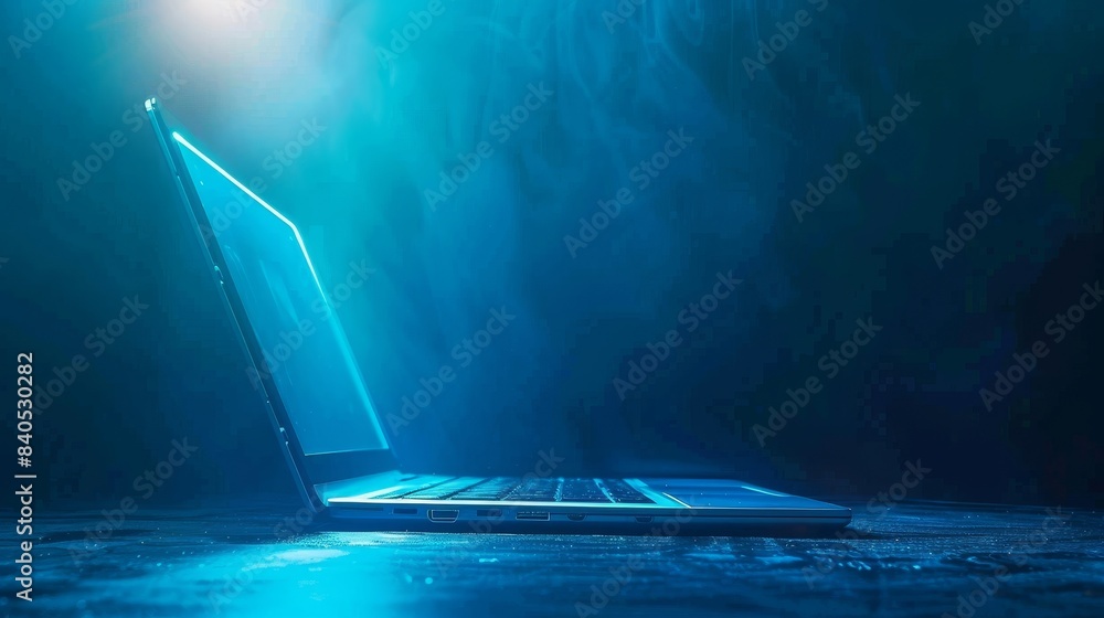 Poster an angled top view of a notebook rotating on a corner with a keyboard showing on a blue background. 