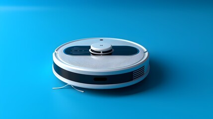 Detailed 3D Render of a Compact Robotic Vacuum Cleaner on a Bright Blue Gradient Background