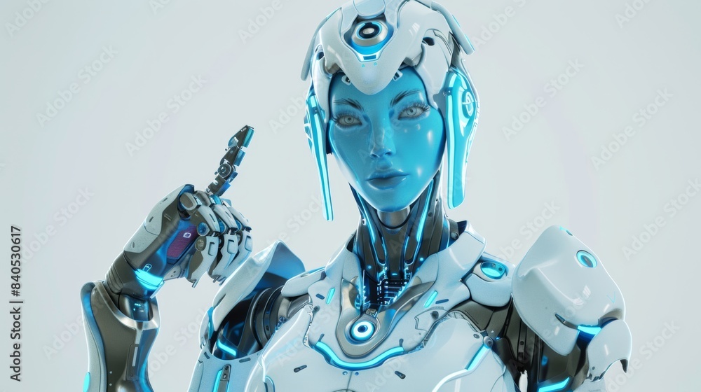Poster anthropomorphic artificial intelligence. machine learning. mechanical humanoid machine with a beauti