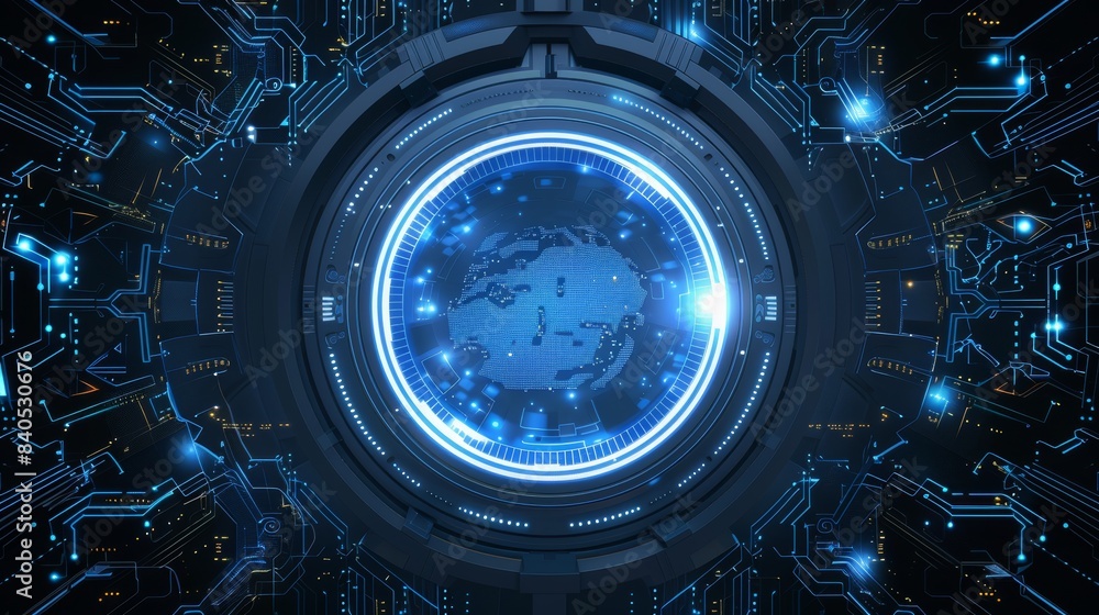 Poster an abstract ui futuristic interface with hologram elements of digital data charts, communication, an