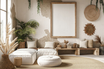 Mockup frame in a boho nomadic interior background with rural decorations