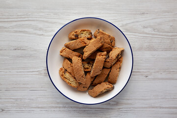 Chocolate Cantuccini on a Plate, top view. Flat lay, overhead, from above.
