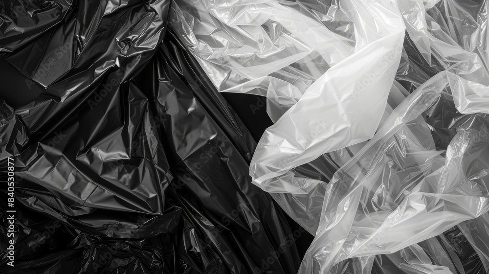 Poster various polyethylene packages on a black background. polythene wraps create an overlay effect. this 