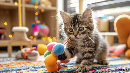 a kitten playing with a toy 