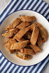 Chocolate Cantuccini on a Plate, top view. Flat lay, overhead, from above.
