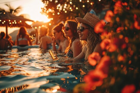 Multiracial friends drinking champagne together on pool party - Diverse young people having fun at a holiday resort - Summer vacations concept with guys and girls hanging outside, Generative AI