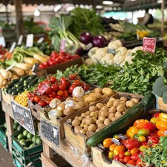 Organic markets, vibrant stalls, local produce, fresh vegetables, community market, eco-friendly shopping, colorful displays, sustainable living, farm-fresh