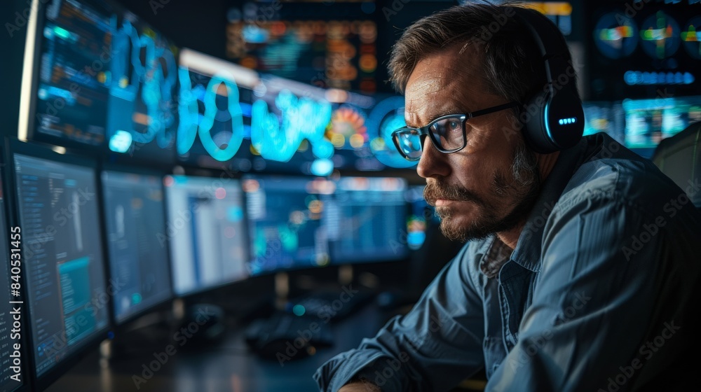 Aufkleber a cybersecurity analyst intently reviews threat intelligence data on multiple monitors in a dimly li
