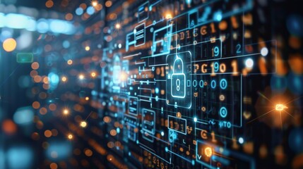 A digital illustration of cybersecurity with a padlock icon and data streams