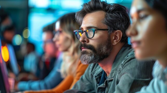 A group of employees listen intently during a cybersecurity training session, focused on learning and safeguarding their companys data