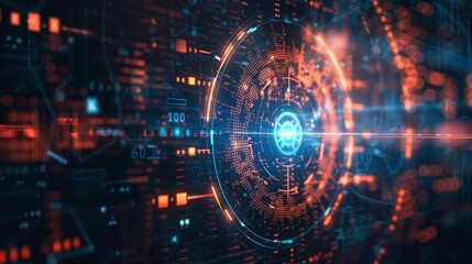 A close-up of a glowing digital interface depicting cybersecurity software actively detecting and mitigating threats