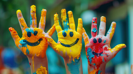 Fototapeta premium Kids hands paint. Close-up portrait of kids hands covered in paint. Smiley on hands. Back to school 