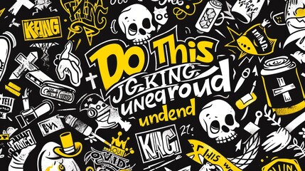 Graffiti spray, tags, angels with guns, skulls, lettering, gangsta acid elements, graffiti lettering. Street lettering art. Underground, hip-hop, gangsta acid elements.