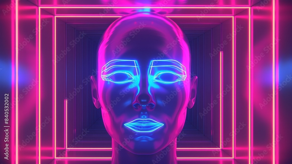 Poster artificial intelligence head in cyberspace. abstract digital computer tech banner in futuristic neon
