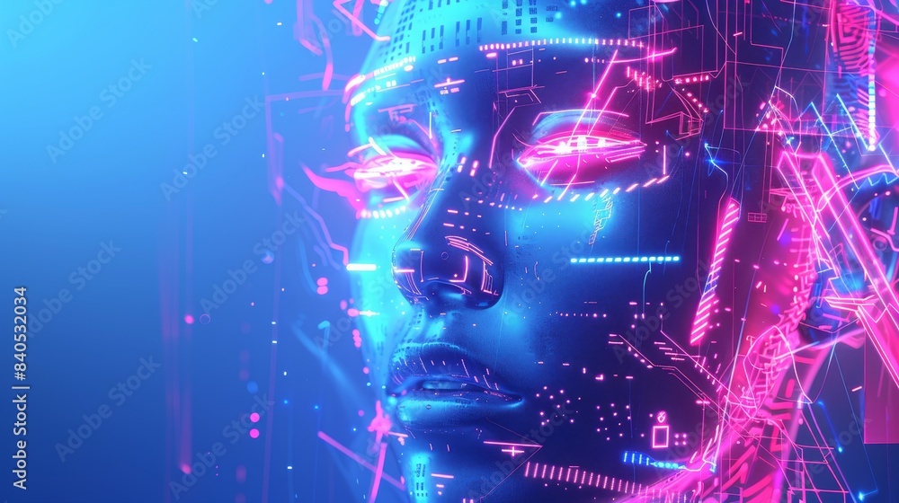 Poster abstract digital technology background. computer digital futuristic neon square frame with ai face, 