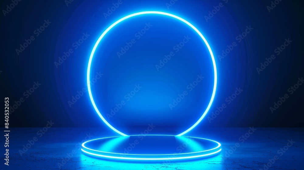 Poster an empty stage on a circular neon podium with a round neon lamp. 3d space with a dark futuristic roo