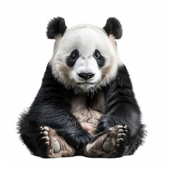Obraz premium Photo of a cute panda sitting on a white background. The panda looks directly at the camera with a relaxed and adorable expression.
