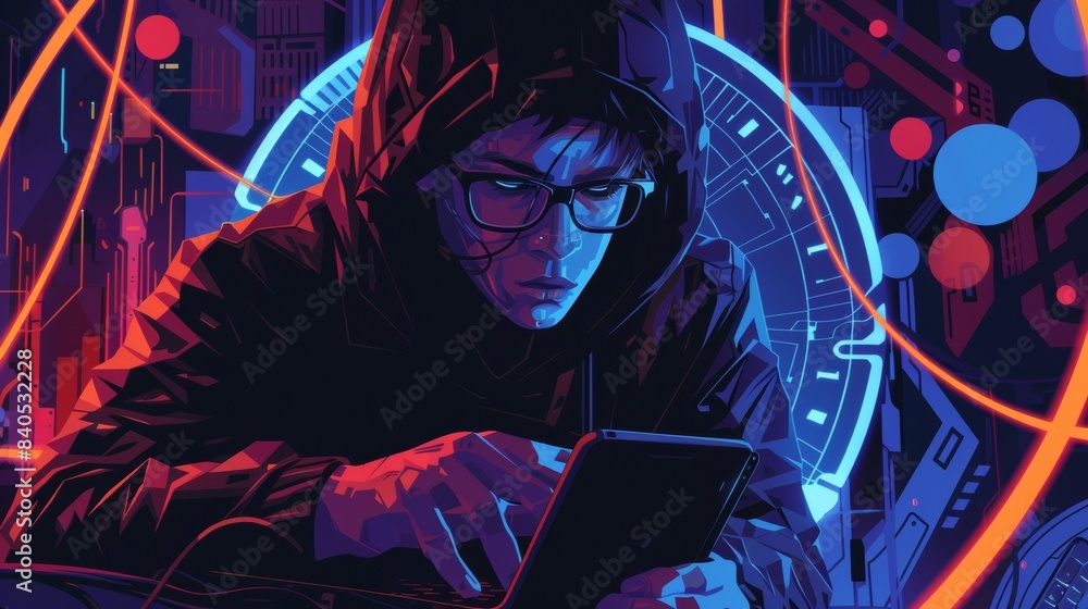 Poster an attacker or phone scammer in a hood hacks at his computer and mobile phone in a dark room. he use
