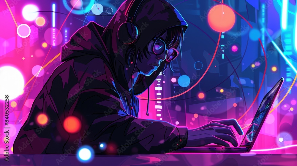 Poster using malware to hack devices, a hacker in dark hoodie hacks a computer and mobile phone in a dark r