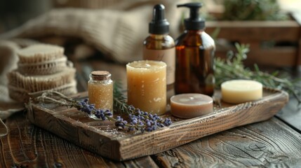 A wooden tray displays a variety of homemade beauty products, including soaps, lotions, and essential oils, in a rustic setting