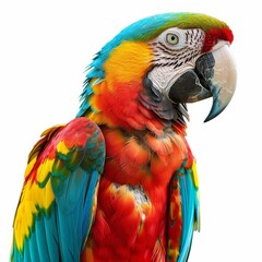Fototapeta premium Vibrant close-up of a colorful parrot with bright plumage, showcasing its striking and vivid colors against a white background.