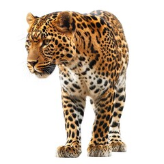 Obraz premium A majestic leopard with striking coat pattern standing on white background, showcasing its elegance and grace.