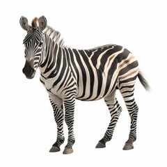 Obraz premium A majestic zebra standing against a white background, showcasing its striking black and white stripes.