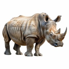 Naklejka premium A powerful and majestic rhinoceros stands isolated against a white background, showcasing its strength and unique horn features.