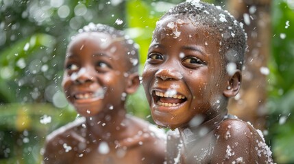 Climate changes and global warming concept. African Kids Enjoying Snowfall on Nature. Generative ai