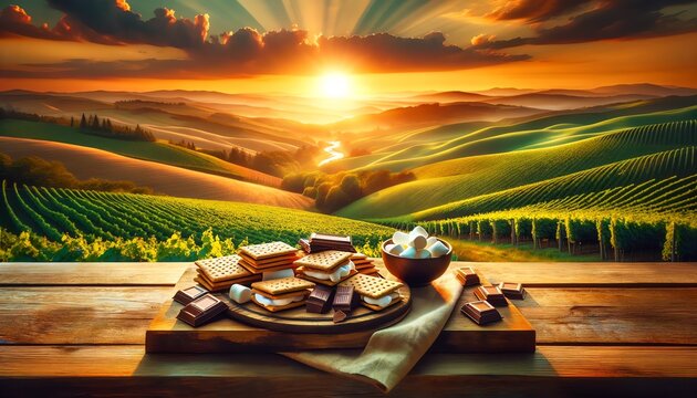 An image of a rustic wooden table with a s'mores board featuring an assortment of graha in countryside