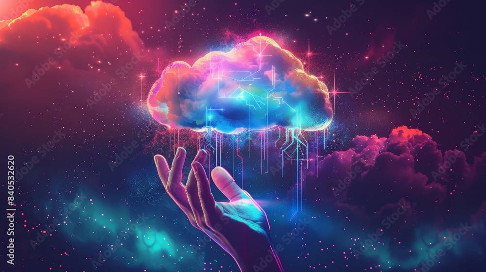 Poster a visual representation of a network of digital technology. an icon representing a digital cloud is 