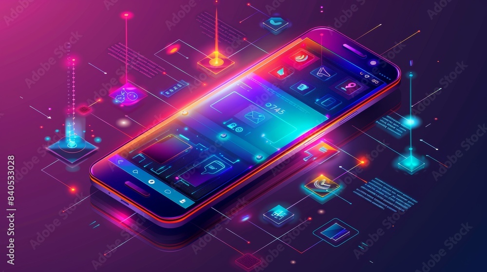 Poster a smart home iot system isometric image with icons of domestic devices on a smart phone in neon ligh