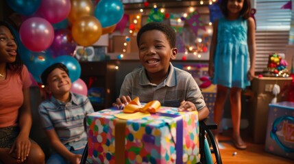 Fototapeta premium Happy african american boy with disability in wheelchair holds big gift at his birthday party. Generative ai