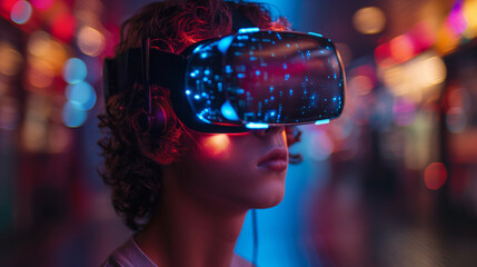 A young man wearing a virtual reality headset is looking at a screen