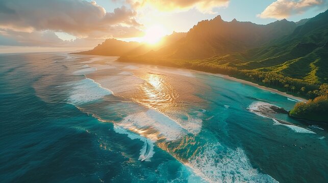 A drone captures surfers catching waves in a stunning tropical bay with a golden sunset and lush green mountains in the background