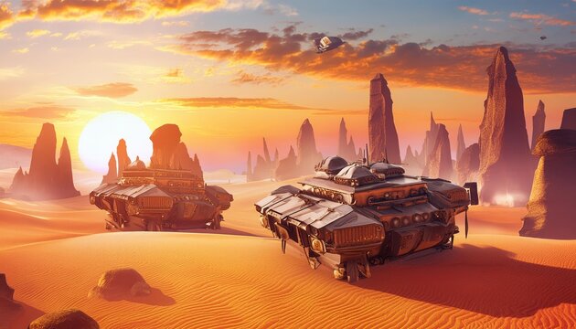 Futuristic desert cityscape at sunset with intricate, pyramid-like buildings surrounded by vast sand dunes. 