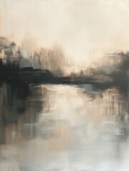 abstract painting of lake, neutral tones, beige and grey, blurry, soft