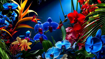 Bunte und exotische Blumen in einem tropischen Regenwald.