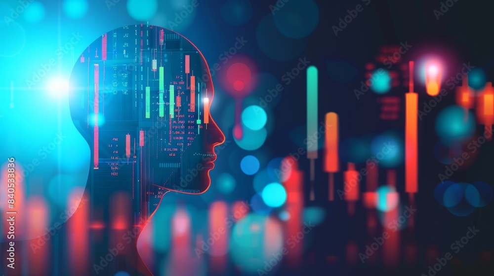 Aufkleber stock exchange market analysis by artificial intelligence. abstract ai face hanging in cyberspace in