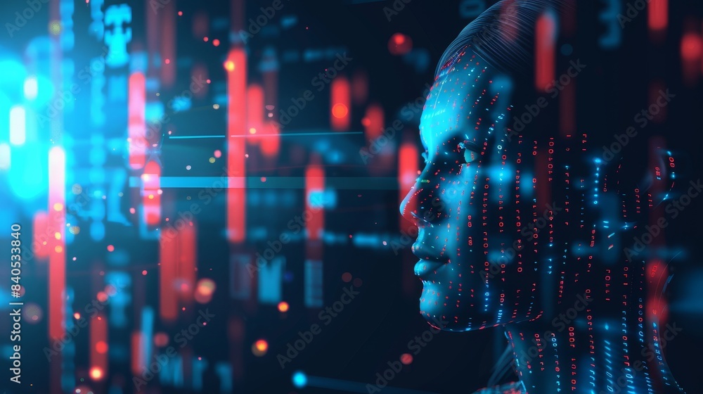 Aufkleber graphs of the stock market, abstract ai face hanging in cyberspace in a data center. ai trading assi