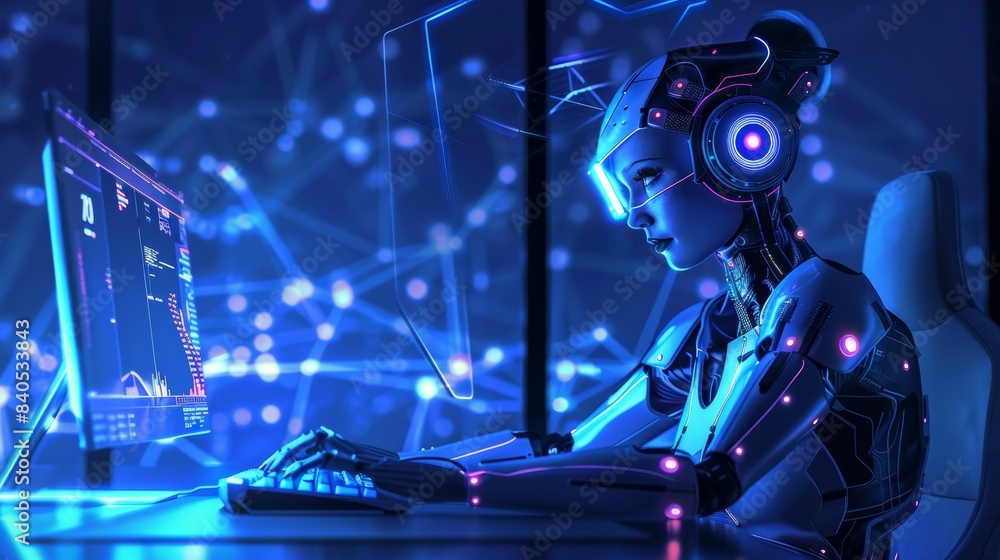 Poster 3d robot woman using computer at desk. cyborg girl sitting in computer chair at monitor of powerful 