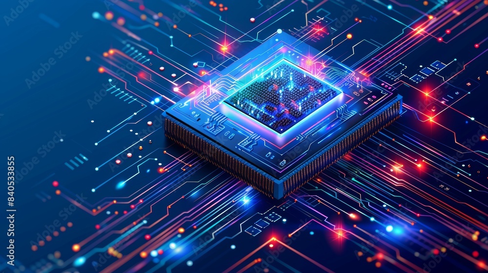 Poster an electronic chip on a pcb board with integration of artificial intelligence. 3d modern of an elect