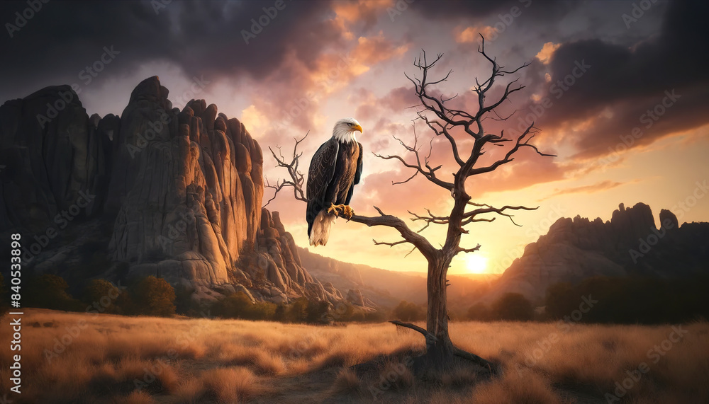 Poster eagle 8 on sits on a branch of a dry tree in a desert area on the background of a rock in the evenin